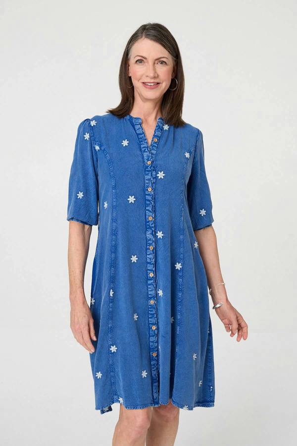 Blue | Floral Detail Buttoned Knee Length Dress