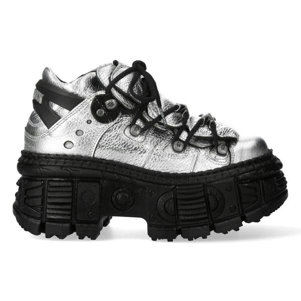 New Rock M-106WALL-C16 Metallic Silver Black Leather Gothic Ankle Boots