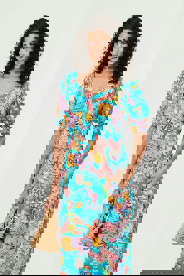 Blue | Abstract Tie Neck Puff Sleeve Midi Dress
