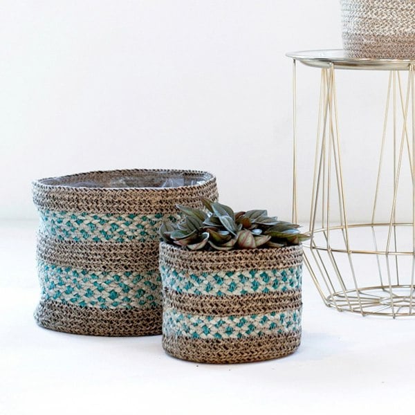 Ivyline Skalo Seagrass Lined Basket Aqua Set of 3