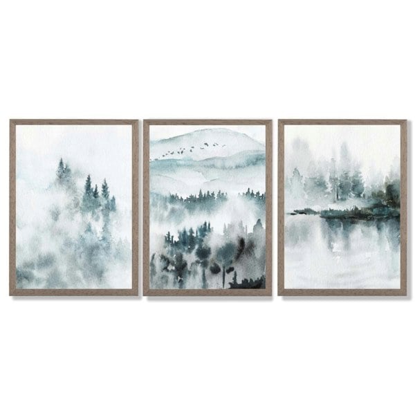 Artze Wall Art Teal Blue Abstract Forest Lake Set of 3 Framed Wall Art