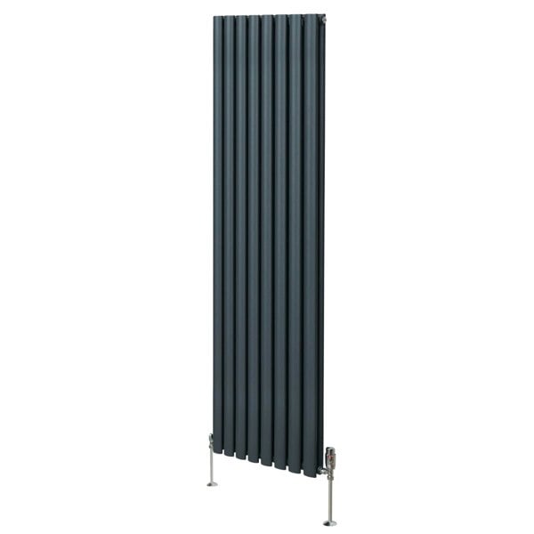 Oval column radiator in anthracite grey, 1800mm x 480mm, featuring vertical slats and sleek valves for modern heating solutions