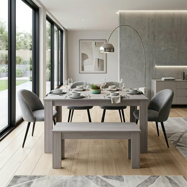 Kosy Koala Light Grey Arrow Pattern Dining Table Set with 4 Grey Velvet Chairs & Bench, 140x80x75cm