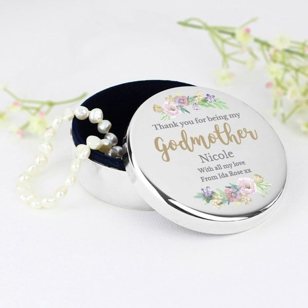 Personalised Memento Company Personalised Godmother 'Floral Watercolour' Round Trinket Box