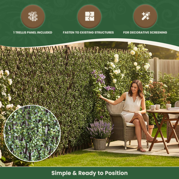 Expanding Willow Garden Trellis with Buxus Leaves, 2m x 1m Extendable Privacy Screen Panel, Decorative Greenery Fence Cover