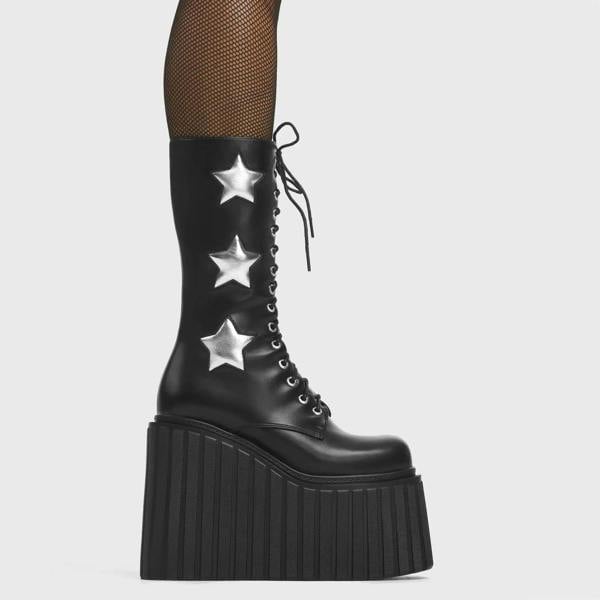 Lamoda Can't Cope Black PU with Silver Detail Lace-Up Platform Ankle Boots