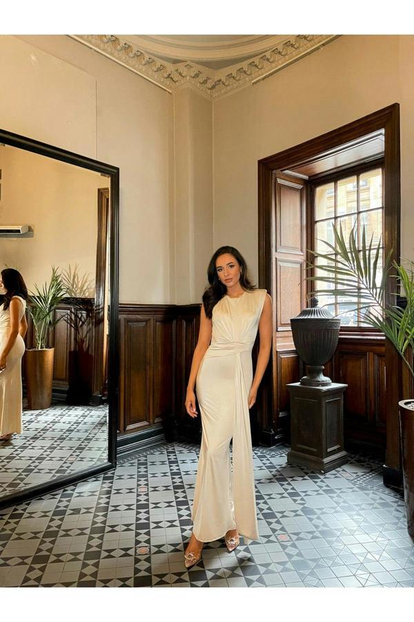 Nadia Sleeveless Gathered Maxi Dress With Drape - Champagne