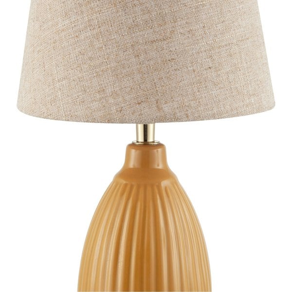 Mustard Etched Lined Ceramic Gloss Table Lamp with Linen Fabric Shade Image 4