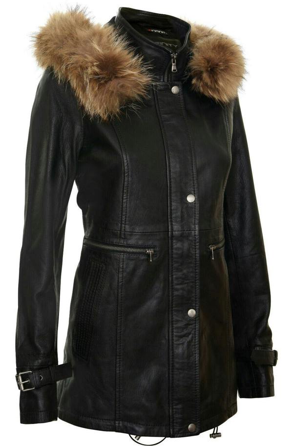 Infinity Leather Womens Leather Hooded Parka Jacket-Putian