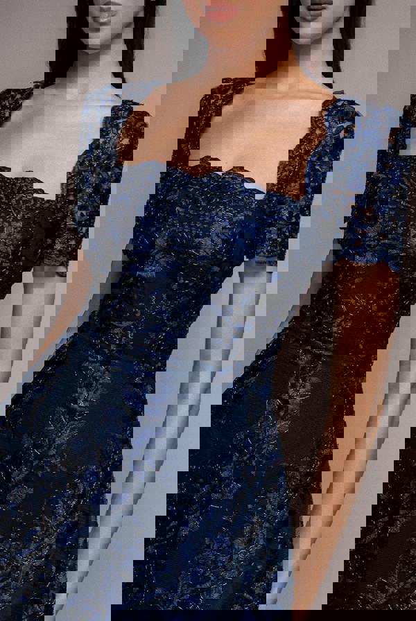 Scallop Edge Corset Back Structured Lace Mini Dress - Navy Blue DR4966