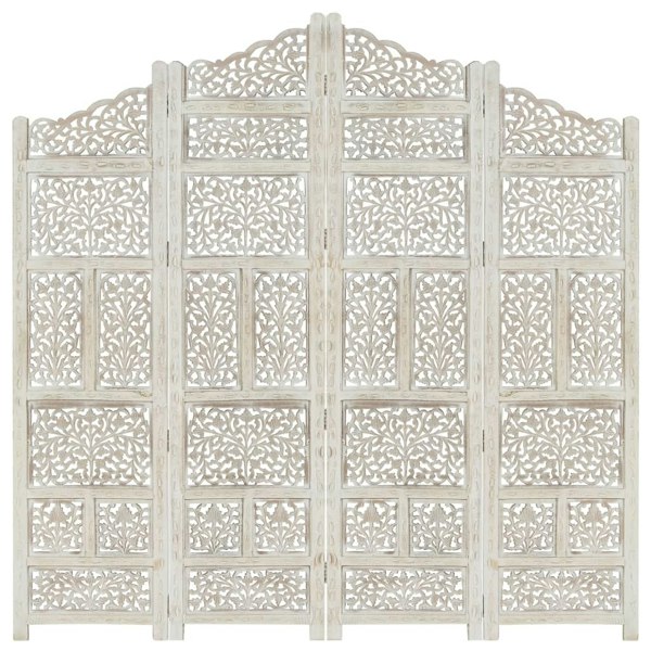 Berkfield Hand carved 4-Panel Room Divider White 160x165 cm Solid Mango Wood