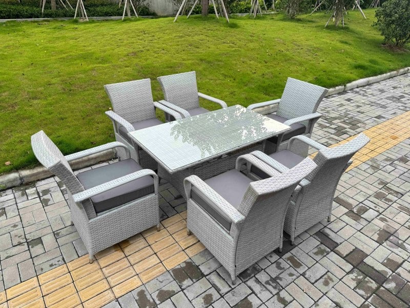 Fimous Light Grey Rattan Outdoor Garden furniture Set Rectangular Table and 6 Chairs Set with Seat Cushion