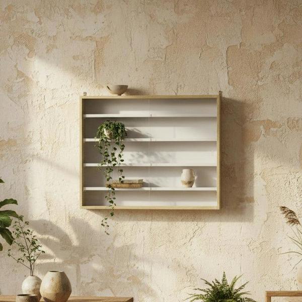 Wyld Haus Nivise Wood And Glass Natural Finish 5 Tier Wall Display Cabinet With Adjustable Shelves 60 x 80 cm