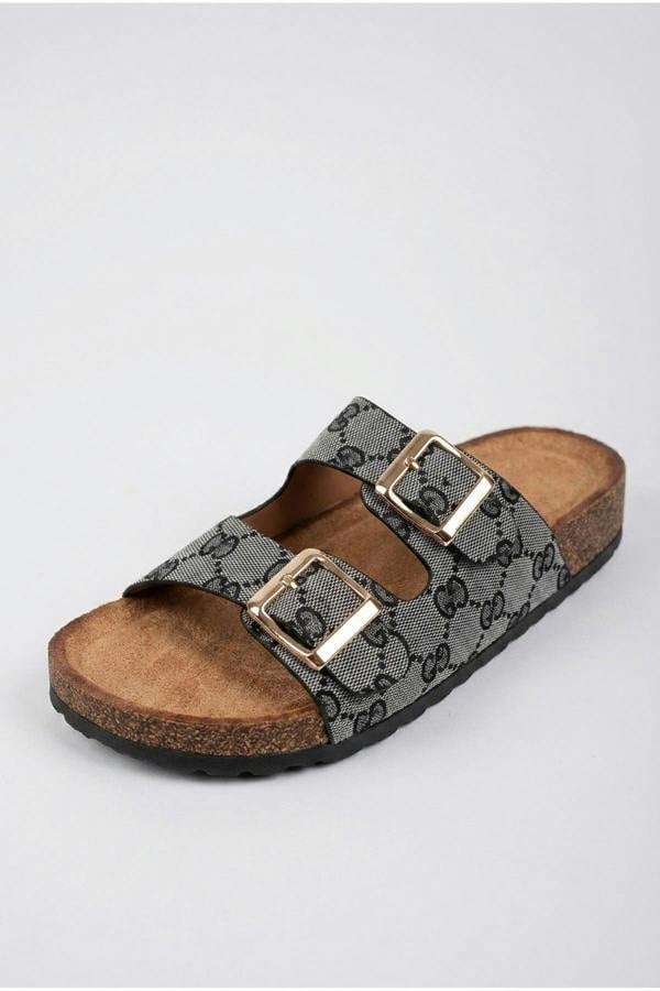 Tamsin Double Buckle Monogram Print Sliders - Black