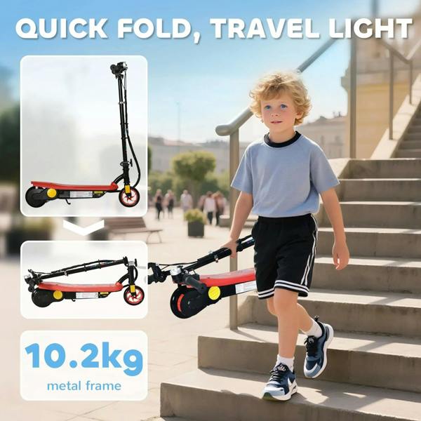 Red electric kids scooter with folded frame, child standing beside it outdoors.