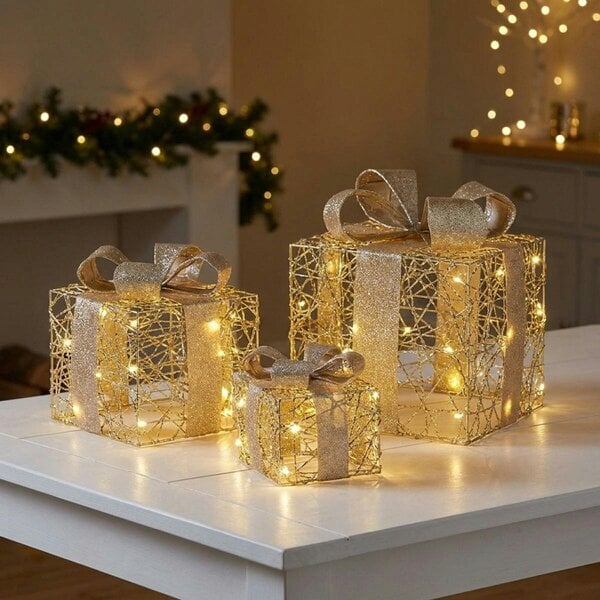 Garden Greatness Gold Weave Faux LED Gift Boxes Set of Three