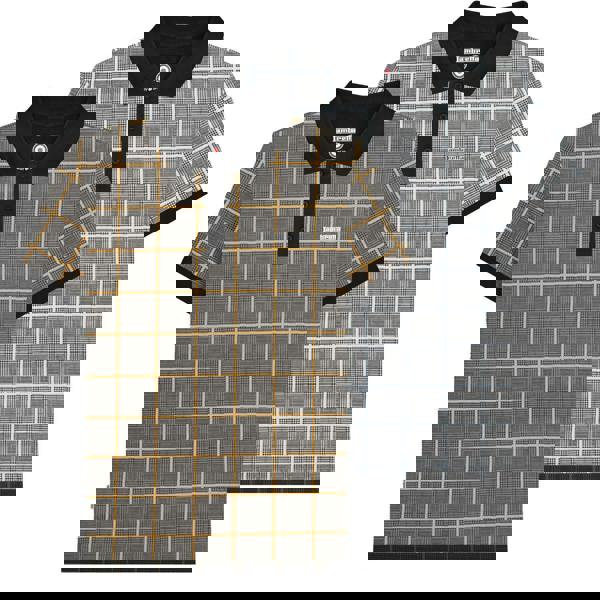 Lambretta Mens Prince of Wales Check Mod Ska Casual Polo, two men's polo shirts featuring Prince of Wales check pattern, one in black and white and the other in black and yellow, with black collars and button plackets.