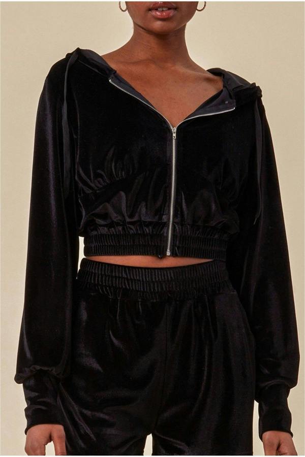 Velour Hoodie & Short Set - Black TS22