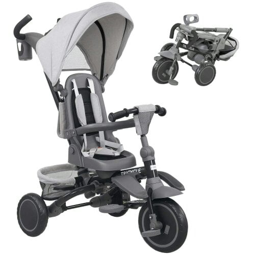 6 in 1 Foldable Kids Trike with Adjustable Parent Handle & Canopy for Ages 1-5, Grey