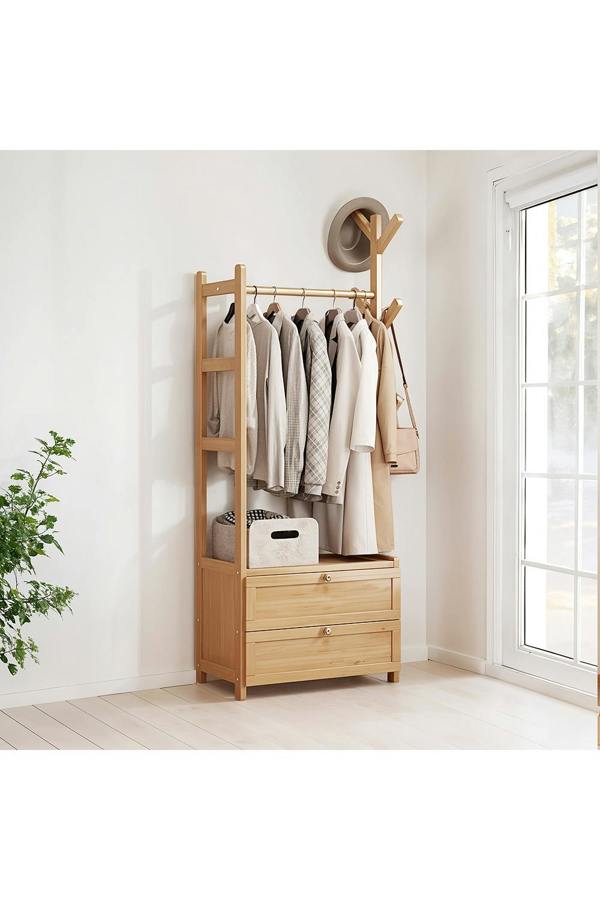 Living and Home Freestanding Bamboo Clothes Rack Garment Rack with Storage Shelves Coat Hanger
