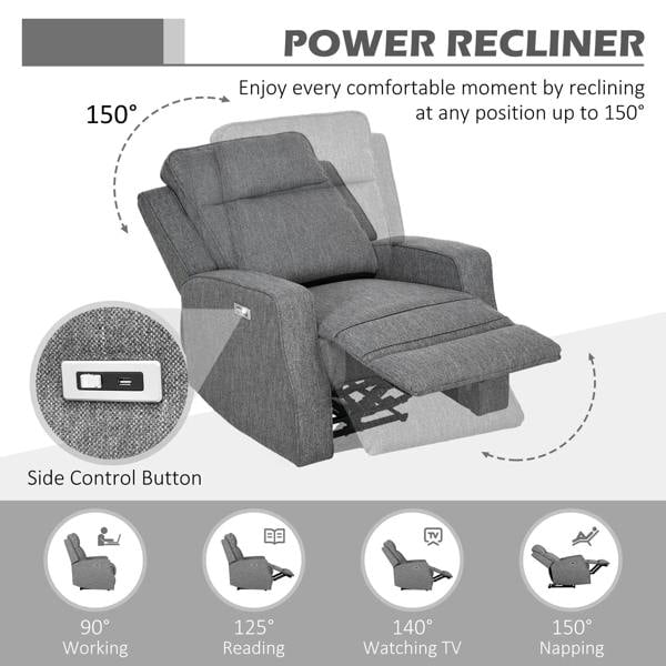 Charcoal grey electric reclining chair with footrest extended, high back and headrest