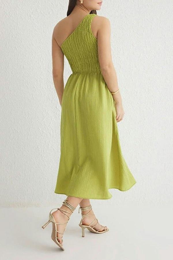 WOVCOR Waist-Leg Embellished One-Shoulder Midi Woven Dress