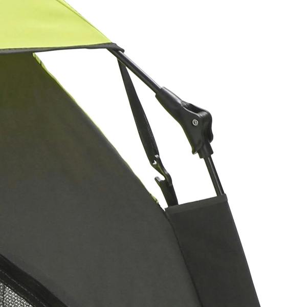Side view of black support frame with lime-green tent canopy