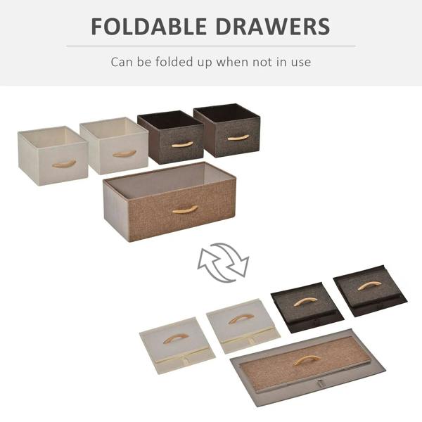 Foldable fabric drawer inserts with gold pulls in beige and dark gray