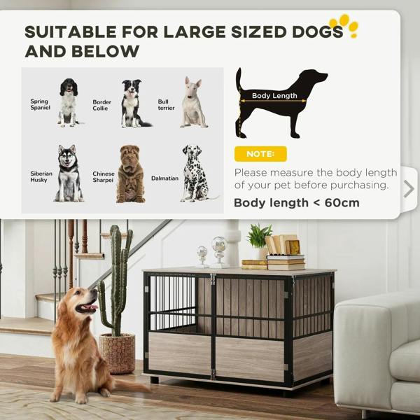 Brown wood dog crate end table with black metal bars and open front door for access.