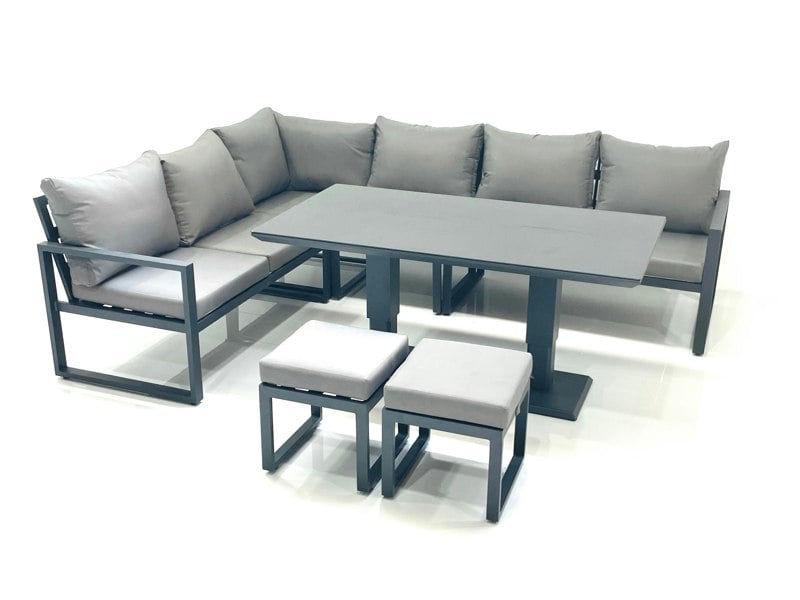 Fimous Aluminium Outdoor Garden Furniture Set Corner Sofa 2 Small Footstool Adjustable Rising Lifting Dining Table Sets Dark Grey