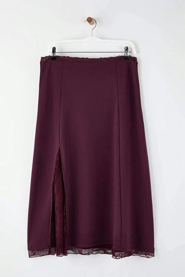 WOVCOR Lace Slit Detail Midi Knitted Plus Size Skirt