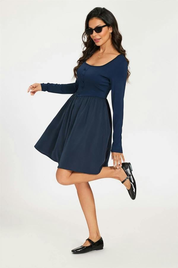 FS Collection Square Neck Button Detail Long Sleeve Mini Dress In Navy