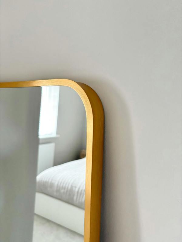 Downton Interiors Stunning Gold Rectangular Metal Frame Wall or Floor Standing Dressing Mirror 145cm x 45cm - Soho Collection