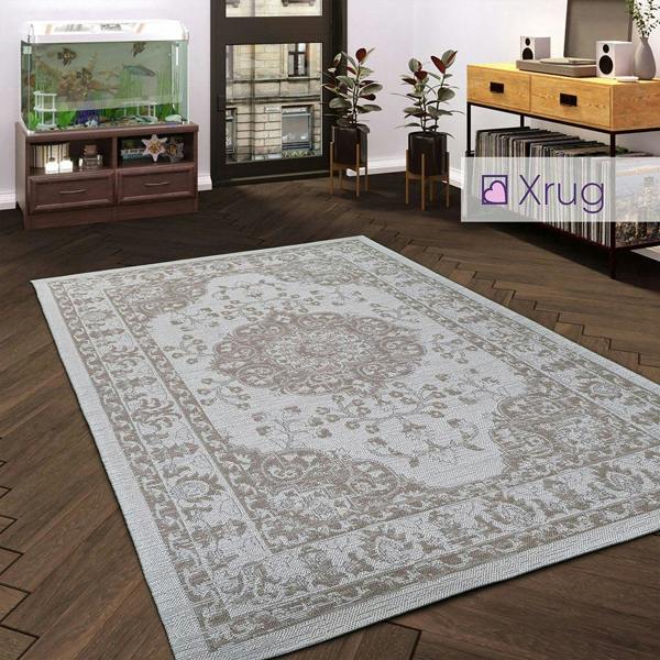 Cotton Rug Vintage Oriental Pattern Brown Cream Grey Natural Flatweave Carpet Mat Large Small Runner
