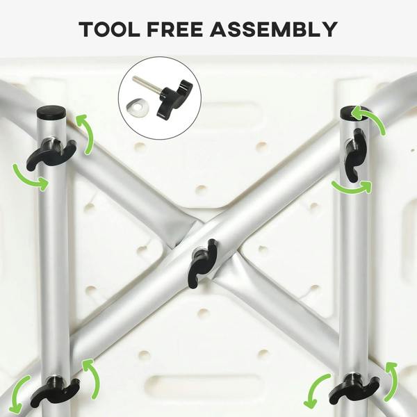 Tool-free assembly of a white shower stool frame with backrest and leg connectors.