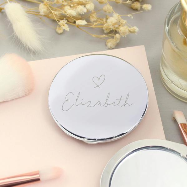 Abode Home & Gifts Personalised Silver Heart Motif Round Compact Mirror
