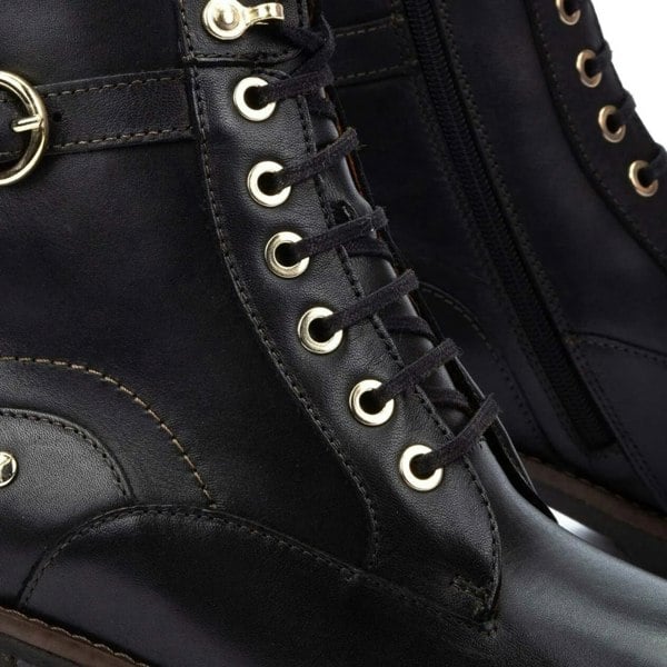 Pikolinos Llanes - Women’s Black Leather Mid-Heel Combat Ankle Boots