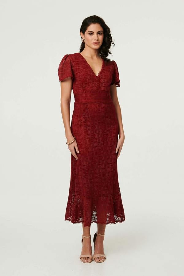 Red | Printed Lace Texture Slim Midi Dress