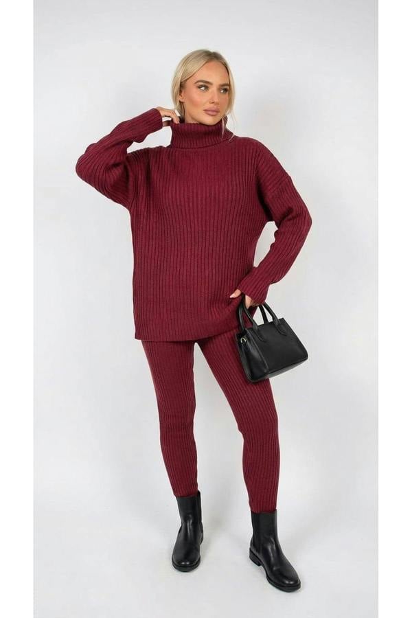 ikrush Mila Chunky Knitted High Roll Neck Top Bottom Co-ord Set