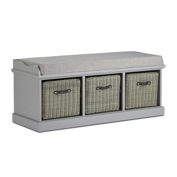 Statement Furniture Tetbury Bench with 3 Storage Baskets and Grey Cushion Seat
