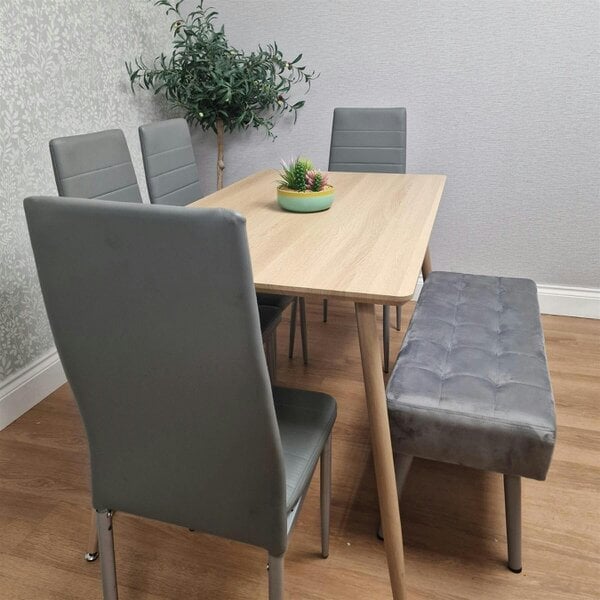 Kosy Koala Dining Table Set With 4 Grey Chairs And 1 Grey Velvet Bench Dining Room Furniture