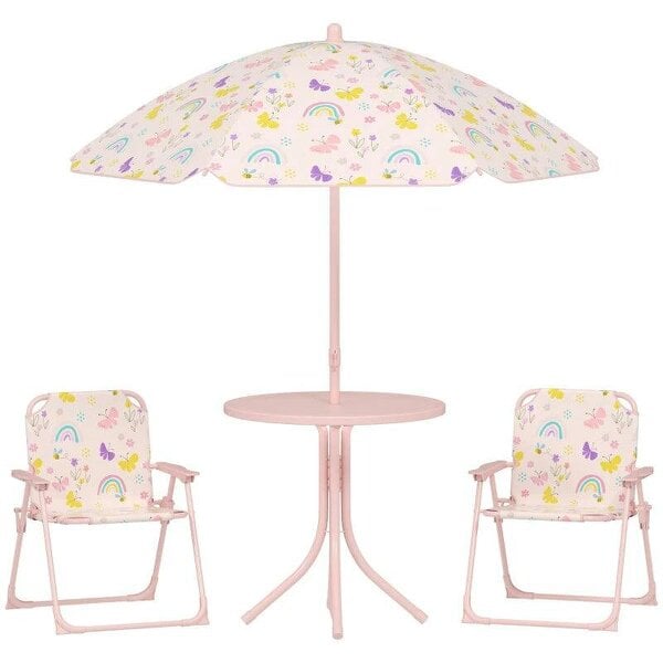4-Piece Kids Garden Table and Chair Set with Adjustable Parasol, Folding Chairs, Table, Rainbow Pattern, Pink