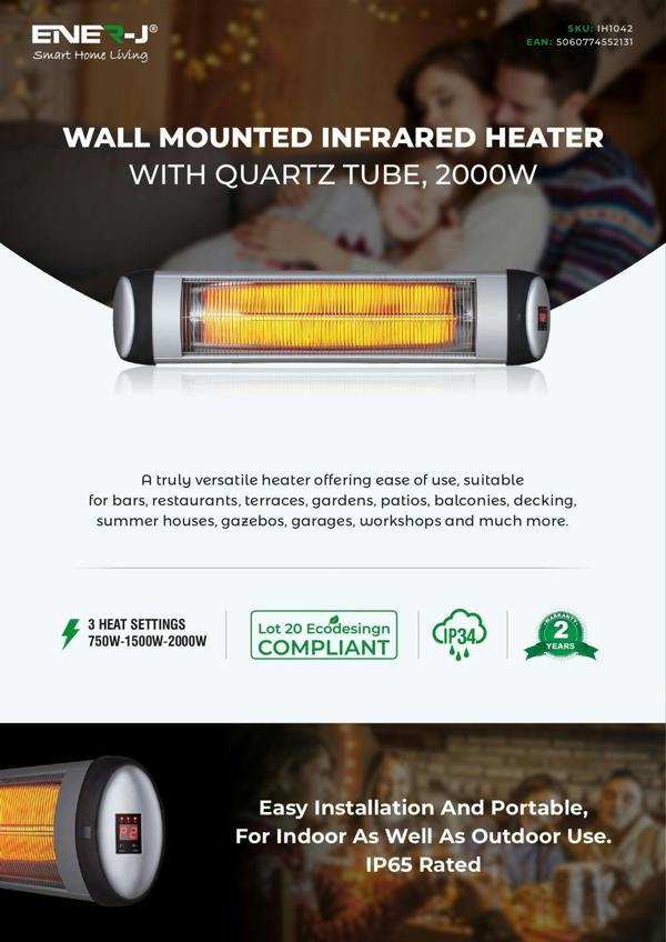 2000W IP34 Wall mounted Patio Heater with Quartz Tube with LED display and 3 Heat Settings - ENER-J Smart Home