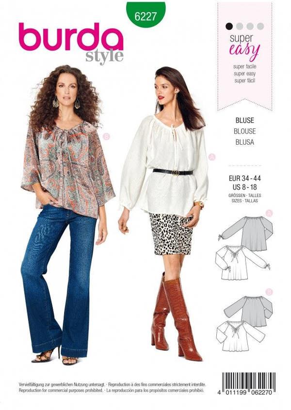 Burda Sewing Pattern 6227 Tops For Women, Sizes 8-18 - Easy
