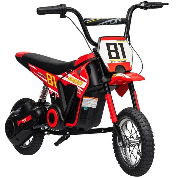 Kids electric ride-on motorbike, red and black, black seat, handlebar, knobby tires