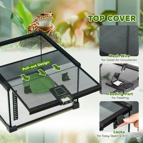 Black mesh-wire terrarium top cover with pull-out design and feeding port