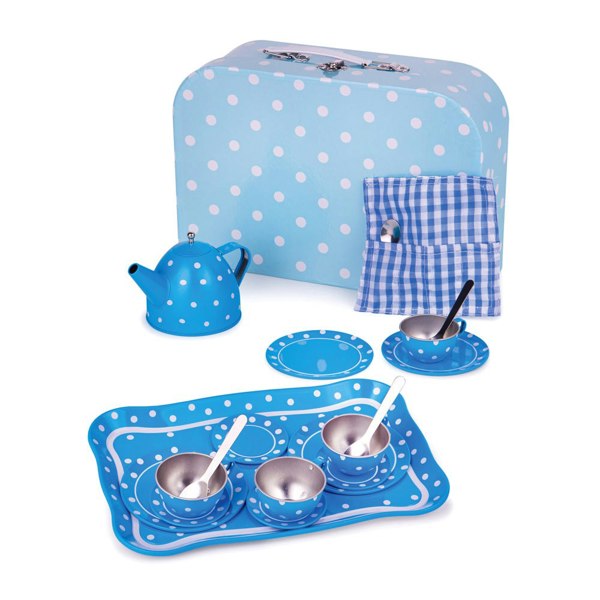 Bigjigs Toys Blue Polka Dot Tea Set With Carry Case - Includes 15 Play Pieces