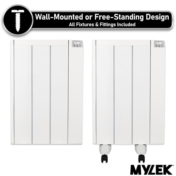 MYLEK Electric Radiator Panel Heater Ceramic White Eco 600W Bathroom Safe Wall Mounted Or Free Standing With Timer Thermostat