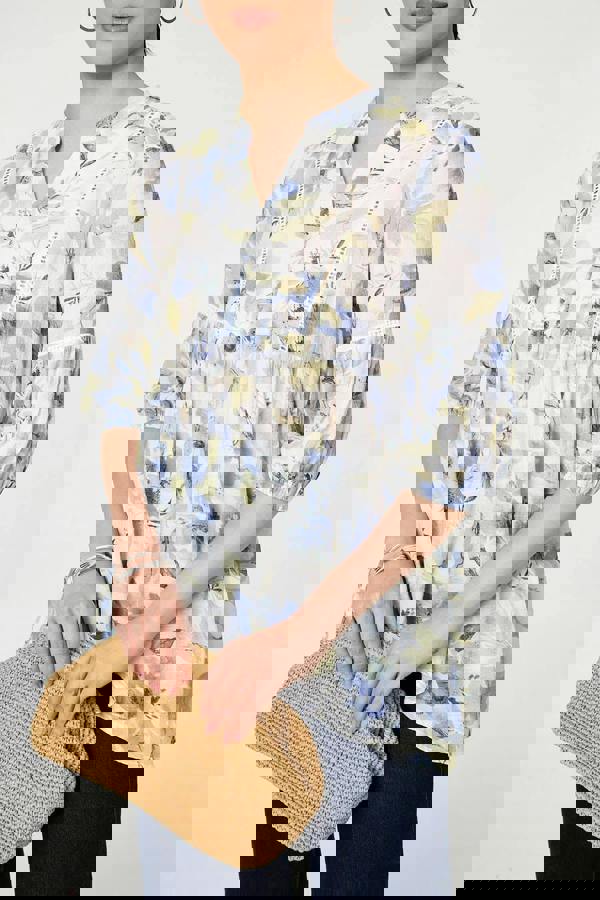 Blue | Floral Lace 3/4 Sleeve Ruched Blouse