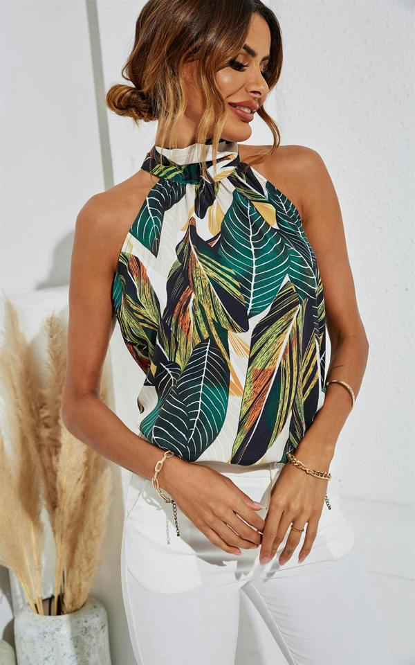 FS Collection Leaf Print Halter Neck Tie Back Top In Green